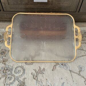 Jeannette Glass Harp Pattern Rectangular Serving Vanity Tray Gold Details VTG